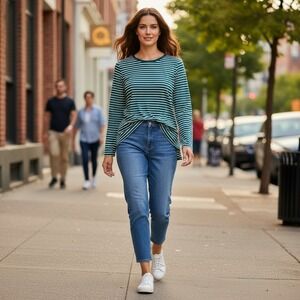 J. Jill Pima Cotton Tee XL Teal White Striped Long Sleeve Crew Neck Side Slit